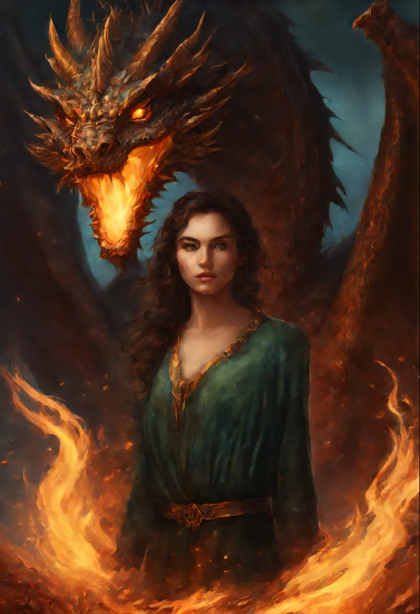 close-up of a woman with brown curls and green eyes wearing a light blue nightie, standing face to face with a copper-gray huge majestic dragon and a scorching fire demon , epic fantasy art style, dark fantasy style art, portrait of fin wildcloak, detailed fanart, fantasy portrait, artistic portrait in epic fantasy style, graphic artist magali villeneuve, male portrait in fantasy style, The Man with the Soul of a Dragon, epic fantasy style art, epic fantasy digital art style