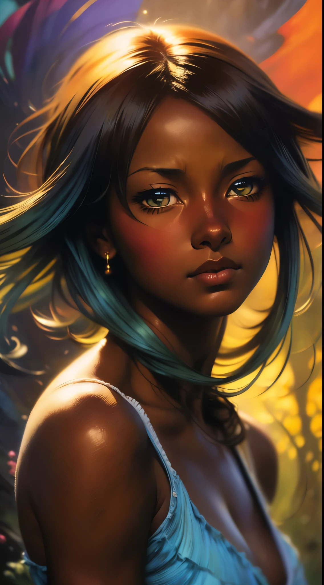 ((Solo Beautiful African woman with dark skin and striking eyes)), shadowed interior background, art by akihiko yoshida, manga art style, colorfield illustration, scary atmosphere, global illumination, by frank frazetta, art by goro fujita, glamor shot, banner, blur, anime key visual, (blue, yellow and gray colors), photorealistic dramatic anime girl, intricately detailed, chiaroscuro, pino daeni, impressionist (best quality, masterpiece)