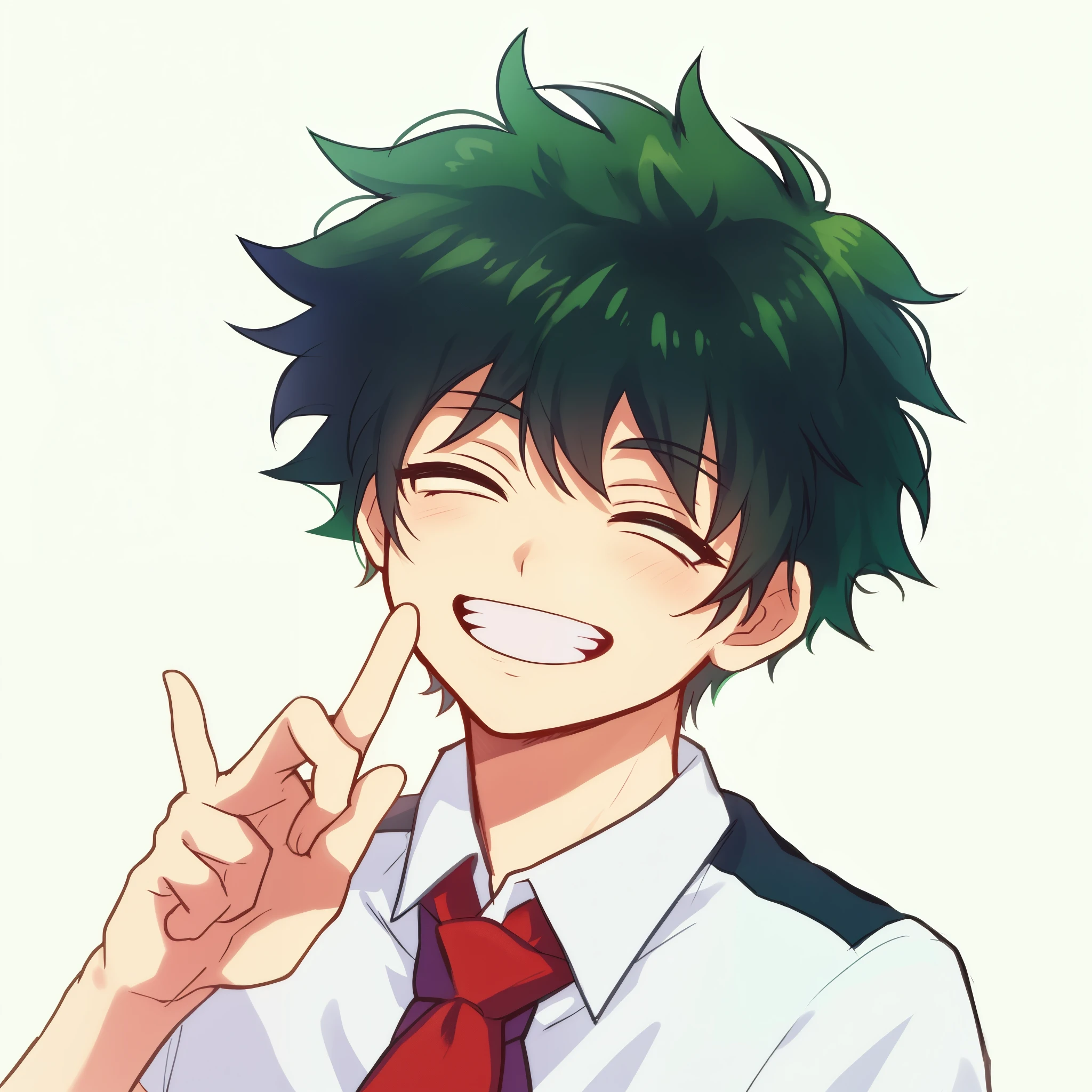 anime boy with green hair and red tie pointing at his index, Izuku Midoriya, boku no hero academia estilo, he's smiling, com o dedo indicador, Coringa se parece com Naruto, in my hero academia, sorridente, mas tem um temperamento, [[[[sorrindo malvado]]]], sorriso de estrangulamento sorriso sorriso