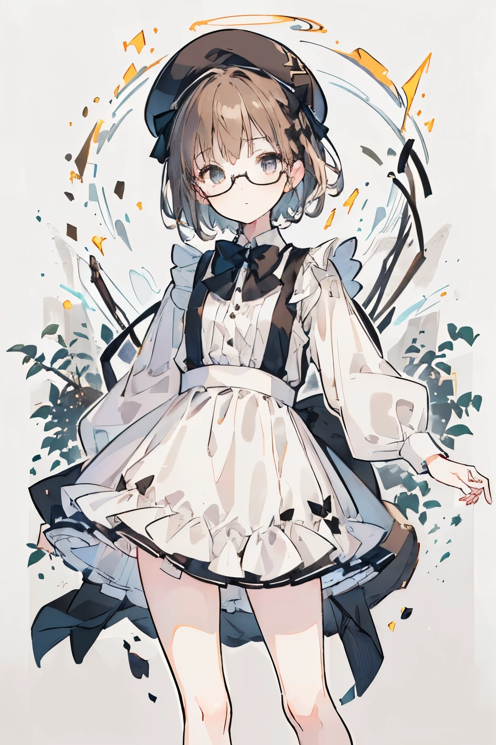 ((best quality: 1.2+ultra-detailed: 1.1+high resolution: 1.1), light brown short hair, black beret, white long-sleeved shirt, black suspender skirt, black bow tie, cute girl, cute, deadpan,( Knee white socks: 0.8), (detailed description: 1.2), exquisite face), white background, cute loli, round glasses, full body,