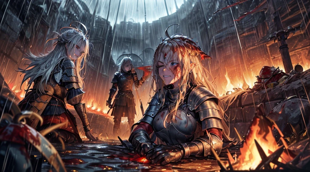 masterpiece,best quality,ultra detailed,(1 Fallen Female Knight),(rage:1.2),(one eye closed:1.1),upper body shot,The fire sword,blonde hair,long hair,blue eye,straight hair,(ThunderStorm:1,5),darksouls,(fire:1.4),(Rainy:1.4),((blood dripping from mouth:1.1)),(((profuse bleeding:1.5))),grass,(wet skin:1.3),(wet hair:1.6),(gritting teeth:1.4),(bandage:1.4)