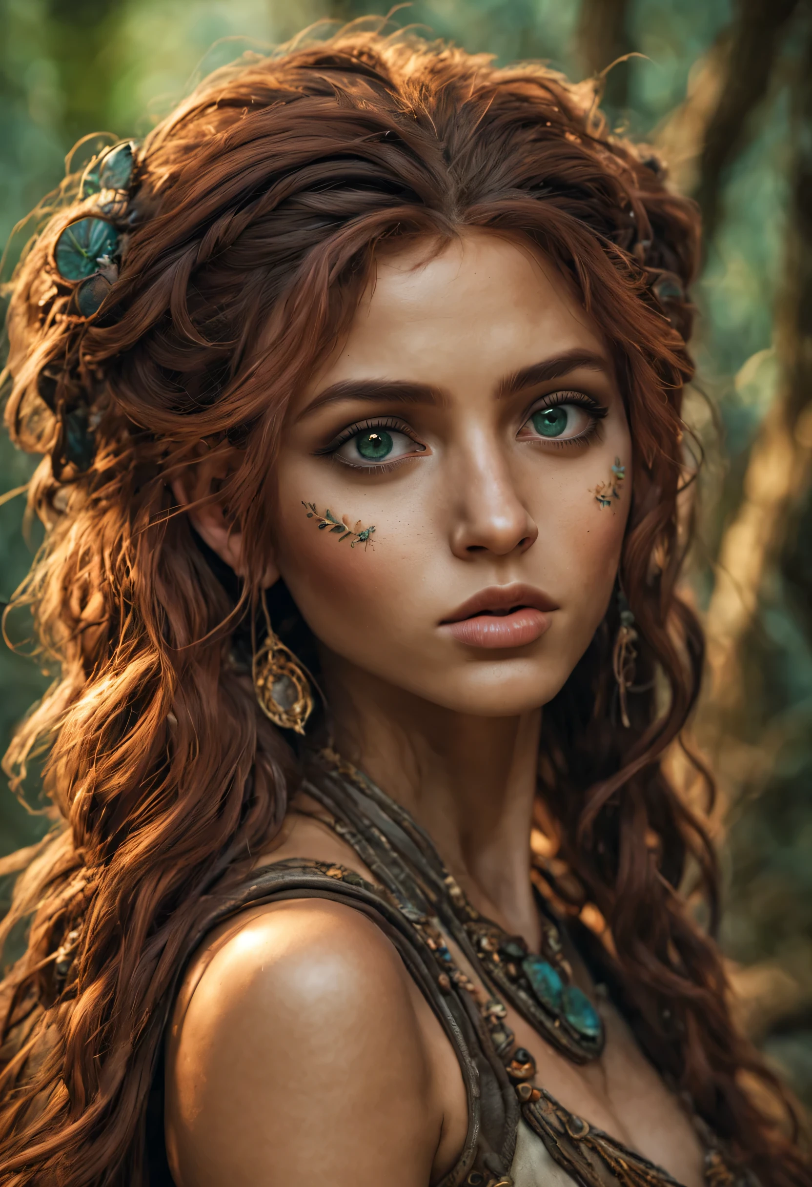 Beautiful Mayan girl, Beautiful Fantasypunk, Beautiful Mythpunk, Beautiful Punk Romance, natural face with makeup, clothes, detailed clothes, big realistic beautiful eyes, shiny eyes, ultra atmospheric details, beautiful facial proportions, super detailed skin textures, complex masterpiece, beautiful proportions, wild messy hair, natural special effects, complex physics, super realistic body proportions, enhanced colors, extra colors, ray reflections, natural pose, happy facial expression, natural realistic poses, super detailed primitive forest backgrounds, ultra hd, realistic, vivid colors, highly detailed, UHD drawing, perfect composition, beautiful detailed intricate insanely detailed octane render, 8k artistic photography, photorealistic concept art, soft natural volumetric cinematic perfect light