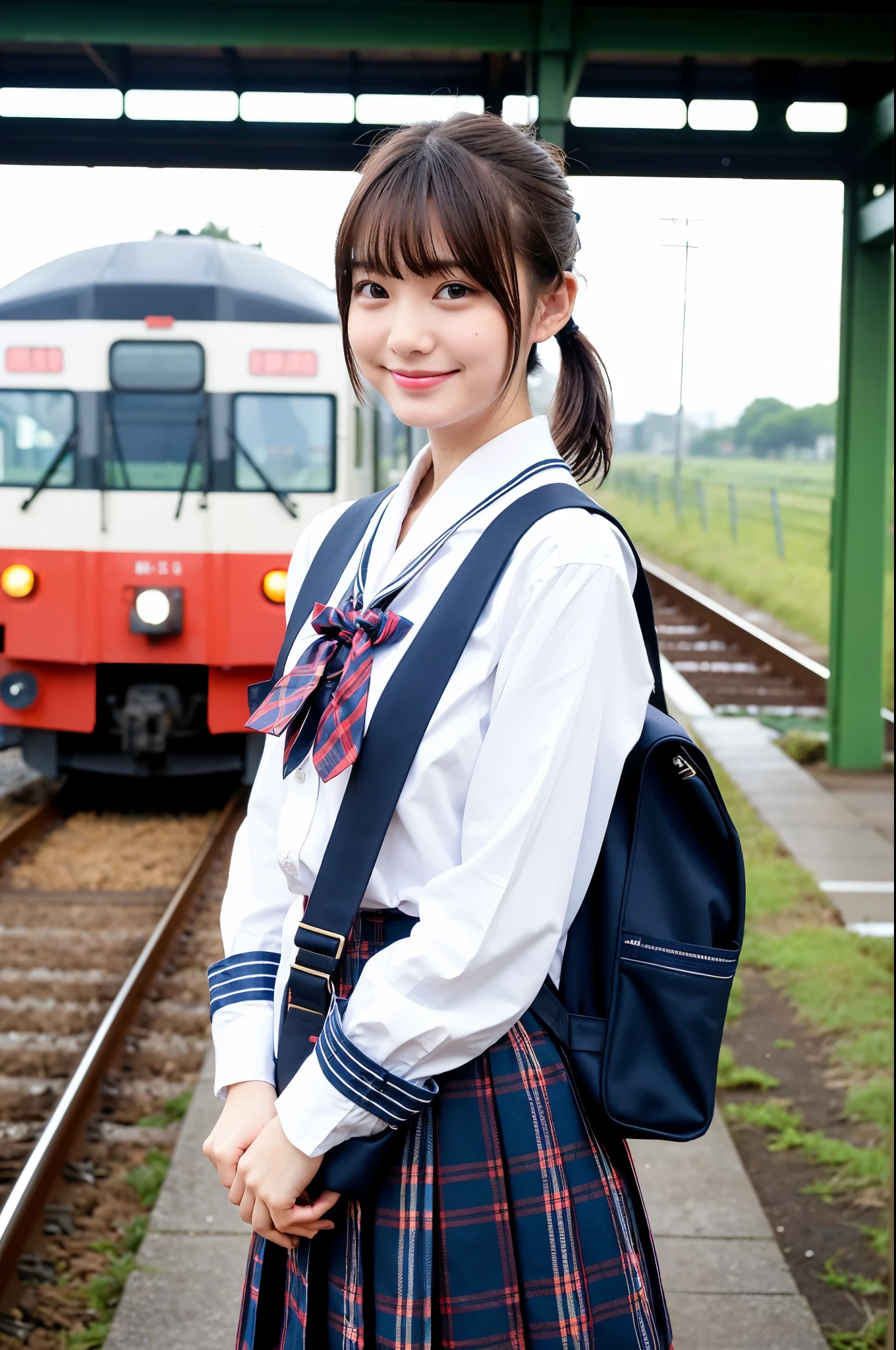 girl standing on rural railway-station in winter,Japan railway train,sea on background,long-sleeved white sailor shirt with plaid red bow tie,navy blue pleated skirt,school bag,18-year-old,bangs,a little smile,thighs,short cut hair,low ponytail,hair browing,from beside,frontlighting