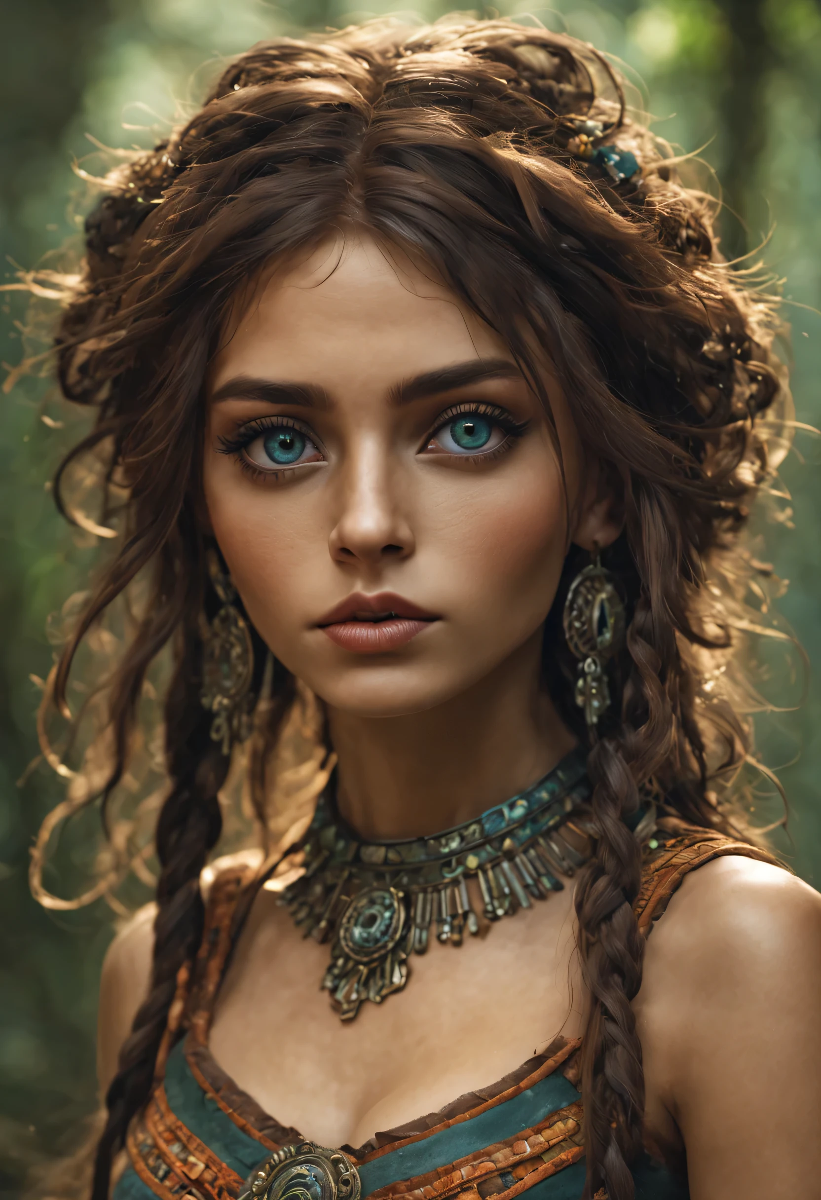 Beautiful Mayan girl, Beautiful Fantasypunk, Beautiful Mythpunk, Beautiful Punk Romance, natural face with makeup, clothes, detailed clothes, big realistic beautiful eyes, shiny eyes, ultra atmospheric details, beautiful facial proportions, super detailed skin textures, complex masterpiece, beautiful proportions, wild messy hair, natural special effects, complex physics, super realistic body proportions, enhanced colors, extra colors, ray reflections, natural pose, happy facial expression, natural realistic poses, super detailed primitive forest backgrounds, ultra hd, realistic, vivid colors, highly detailed, UHD drawing, perfect composition, beautiful detailed intricate insanely detailed octane render, 8k artistic photography, photorealistic concept art, soft natural volumetric cinematic perfect light