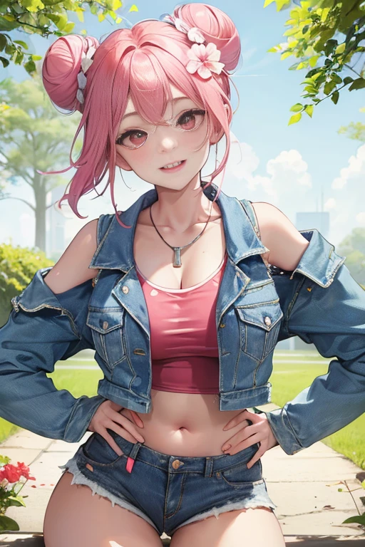 tmasterpiece、Need、1 female student、White cloth bun bun bun、Shoulder leakage、The chest is large、chubbiness、Smile、pale pink lip、posing on a，legs are open， 独奏,denim short， denim vest，Open jacket，looking at viewert,  (Thigh thick:1.0),Yazawa Nico,red eyes, face flushed,Blunt hair,both hands on hip，[Wide buttock]，greet，Flower headdresackpacks，In the park，Large scissors，drenched all over the body