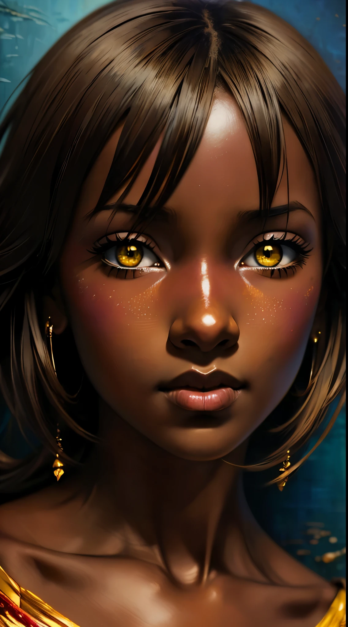 ((Solo Beautiful Carribean woman with dark skin and striking eyes)), shadowed interior background, art by akihiko yoshida, manga art style, colorfield illustration, scary atmosphere, global illumination, by frank frazetta, art by goro fujita, glamor shot, banner, blur, anime key visual, (blue, yellow and gray colors), photorealistic, dramatic, anime girl, ((african american features, ebony nose)) , intricately detailed, chiaroscuro, pino daeni, impressionist (best quality, masterpiece)