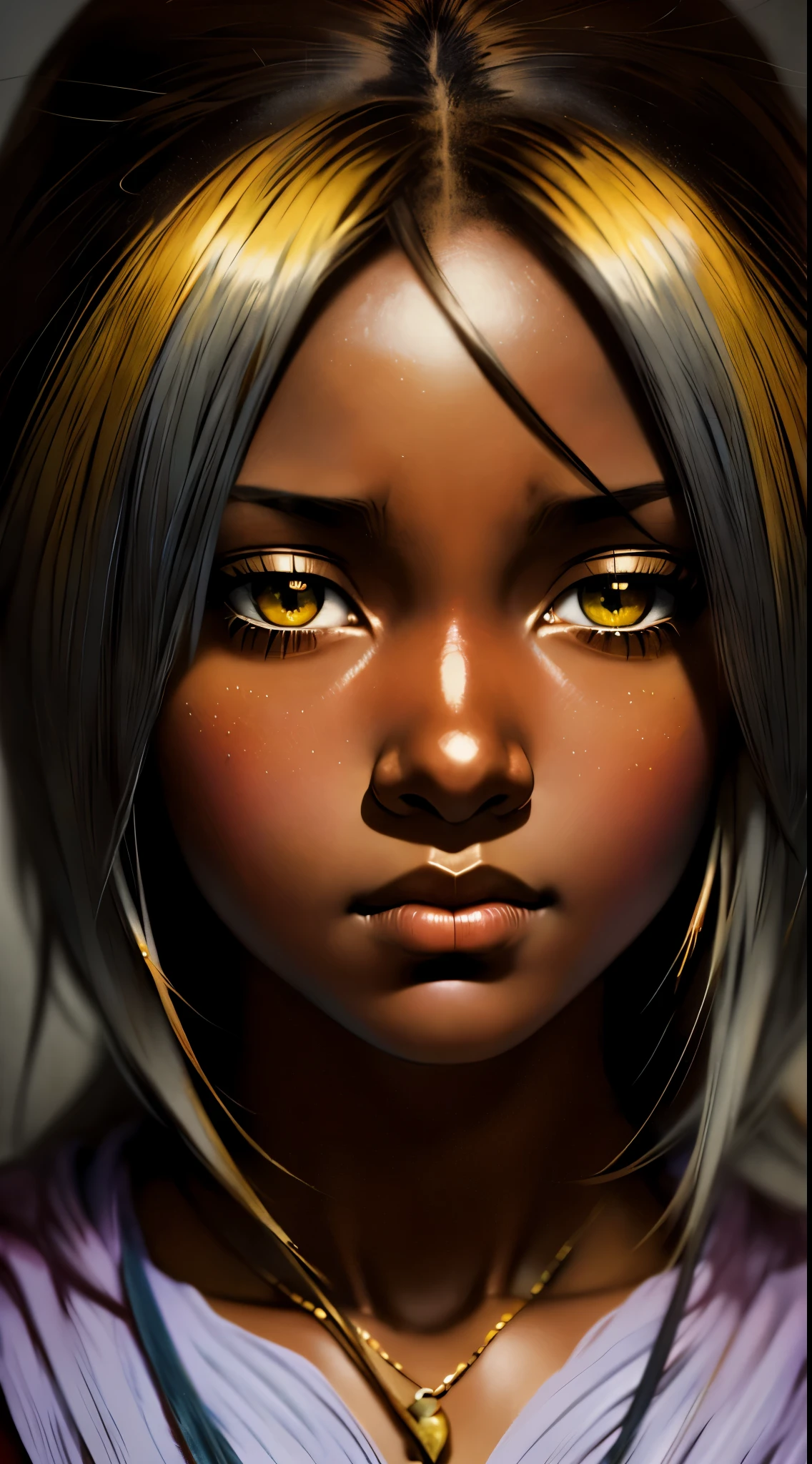 ((Solo Beautiful Carribean woman with dark skin and striking eyes)),  shadowed interior background, art by akihiko yoshida, manga art style, colorfield illustration, scary atmosphere, global illumination, by frank frazetta, art by goro fujita, glamor shot, banner, blur, anime key visual, (blue, yellow and gray colors), photorealistic,  dramatic, anime girl, ((african american features, ebony nose)) , intricately detailed, chiaroscuro, pino daeni, impressionist (best quality, masterpiece)