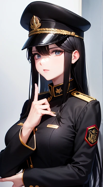 black Military Uniform, Long Black Hair, Breast, black Military Cap, (detailed hands and fingers:1.2)