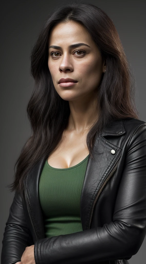 there is a woman with a green shirt and a black jacket with jeans and black leather boots, this person does not exist, arab, in her 20s, serious focussed look, monica belluci-paula patton-sara hyland-amber portwood-courtney eaton-jessica henwick-olga fonda-nicole sakura merged, entire body visible, full body, hyperrealistic, best quality, 8K, real human skin, masterpiece, extremely intricate, medium closeup, detailed eyes, detailed face, detailed body, exaggerated features, pronounced features