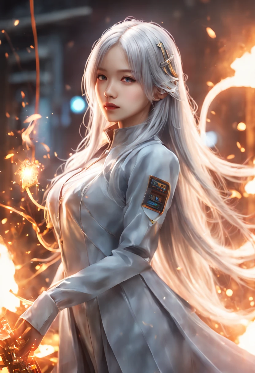 (Masterpiece, high quality, best quality, official art, beauty long silver hair and aesthetics:1.2),(fire element:1.1),composed of fire elements,(1girl:1.45),(gundam:0.6),highly realistic, magic spell poses, transparency,Sci-fi light effects,(Illuminated circuit board:1.6),ukl,robotic half ,flame,