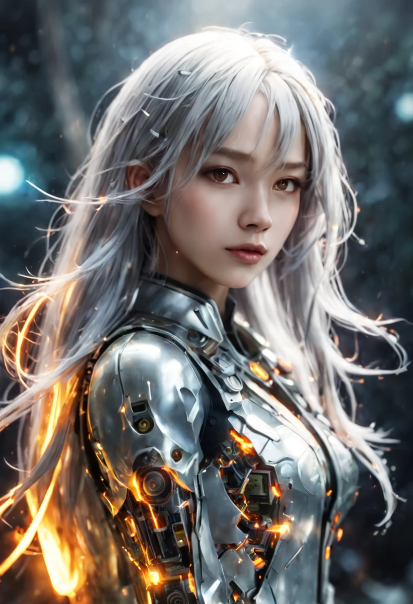 (Masterpiece, high quality, best quality, official art, beauty long silver hair and aesthetics:1.2),(fire element:1.1),composed of fire elements,(1girl:1.45),(gundam:0.6),highly realistic, magic spell poses, transparency,Sci-fi light effects,(Illuminated circuit board:1.6),ukl,robotic half ,flame,