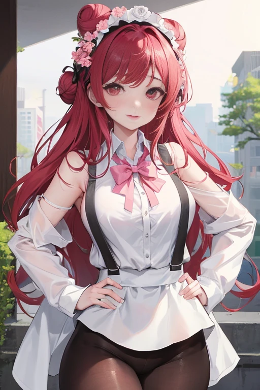 tmasterpiece、Need、1 female student、White cloth bun bun bun、Shoulder leakage、The chest is large、chubbiness、ssmile、Black suspender tights、lace leggings、pale pink lip、posing at school,(drenched all over the body),legs are open, 独奏, White polo shirt, looking at viewert, (Thigh thick:1.0),Yazawa Nico,red eyes, face flushed,Blunt hair,both hands on hip,greet,Flower headdress,Large scissors