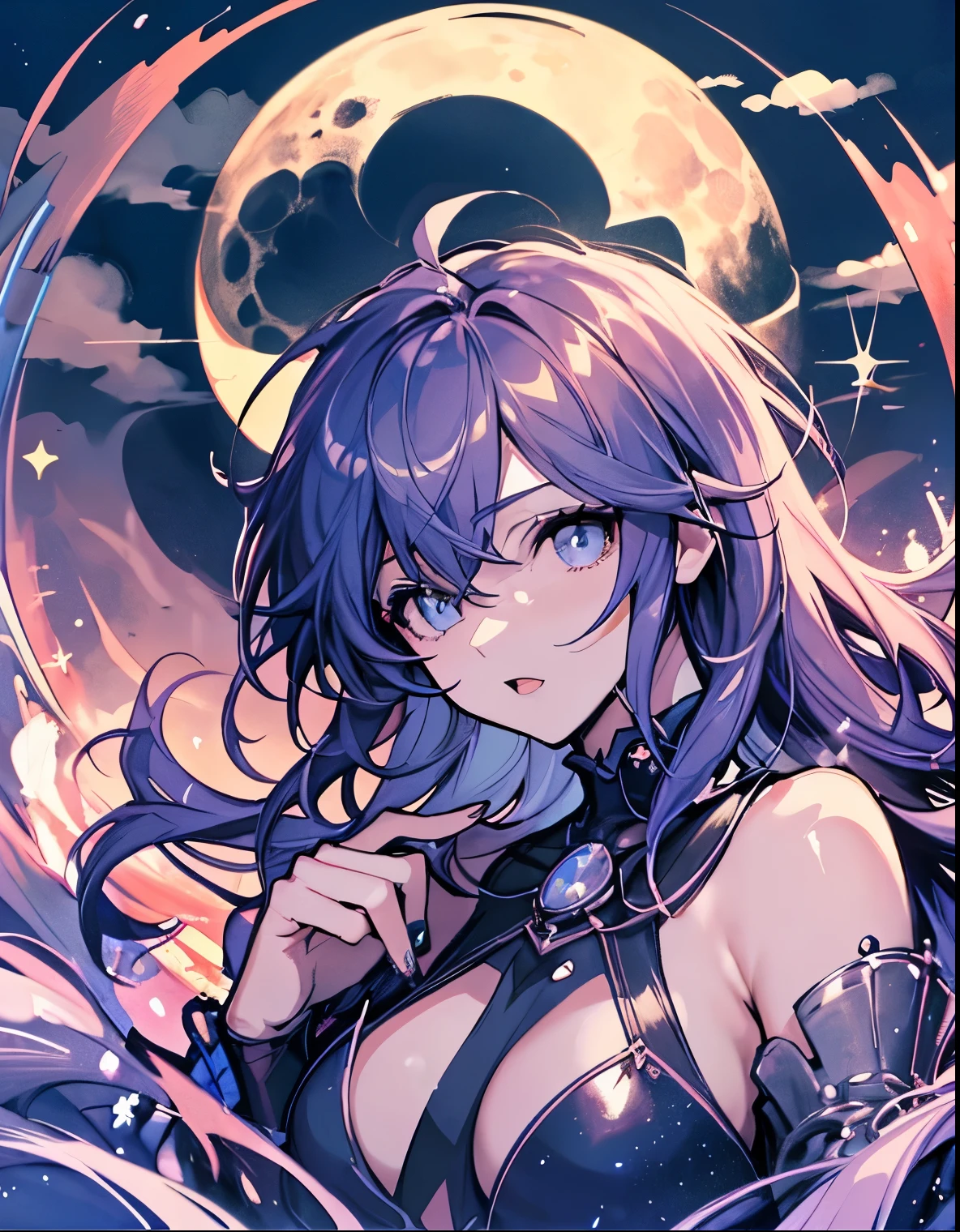 best qualtiy, 超A high resolution, A detailed face, A detailed eye, beautiful sexy woman, moon in background, nigh sky, dragon flying in sky, Sparkle, butterflys々, Fantastical,