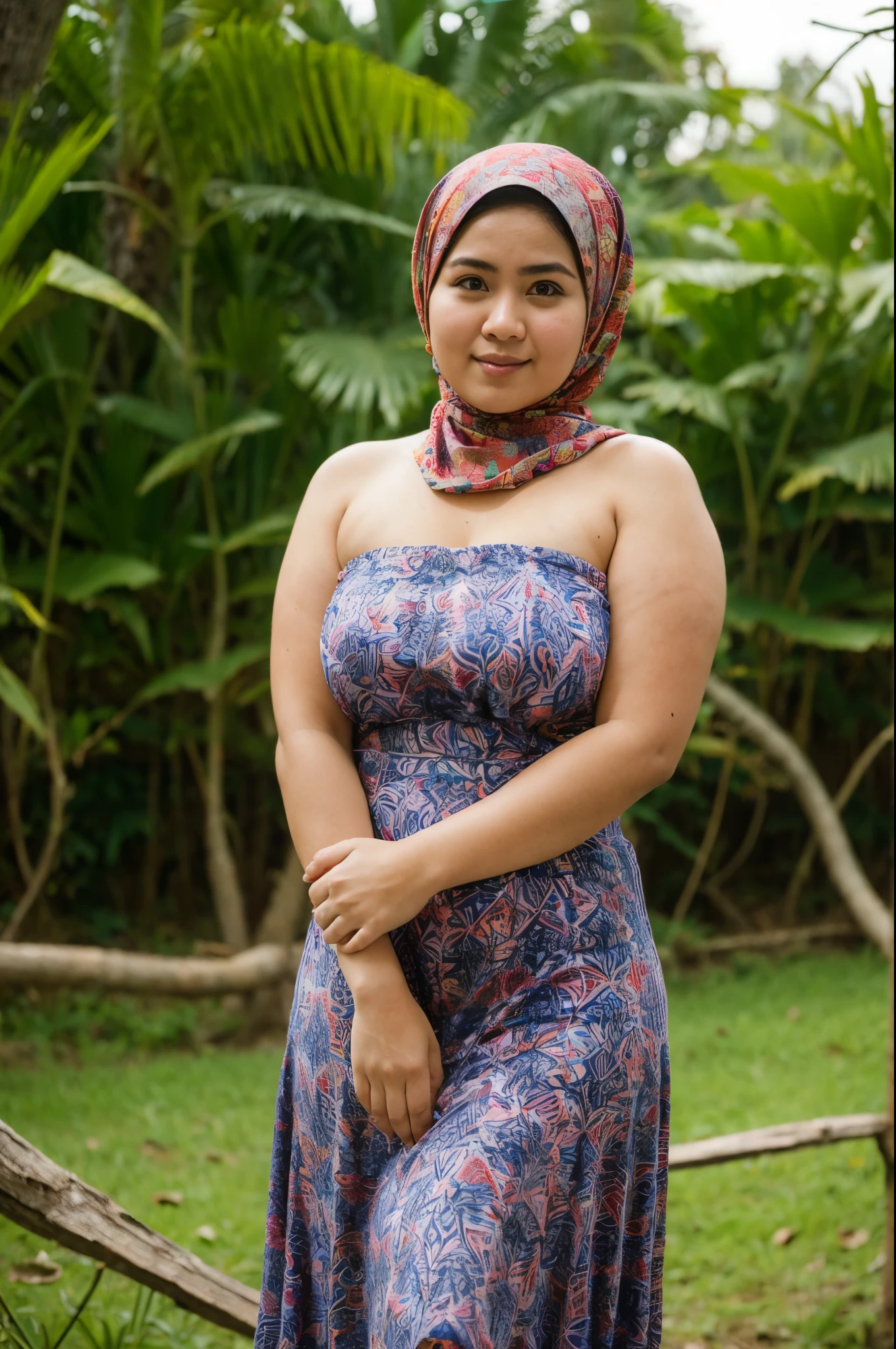 a beautiful Malaysian woman with hijab standing at palm trees farm, ((showing armpits)), chubby body, wearing strapless batik dress, Zeiss planar t* 88mm f/1.2, kodak portrait, UHD image, sovietwave, distinct facial features