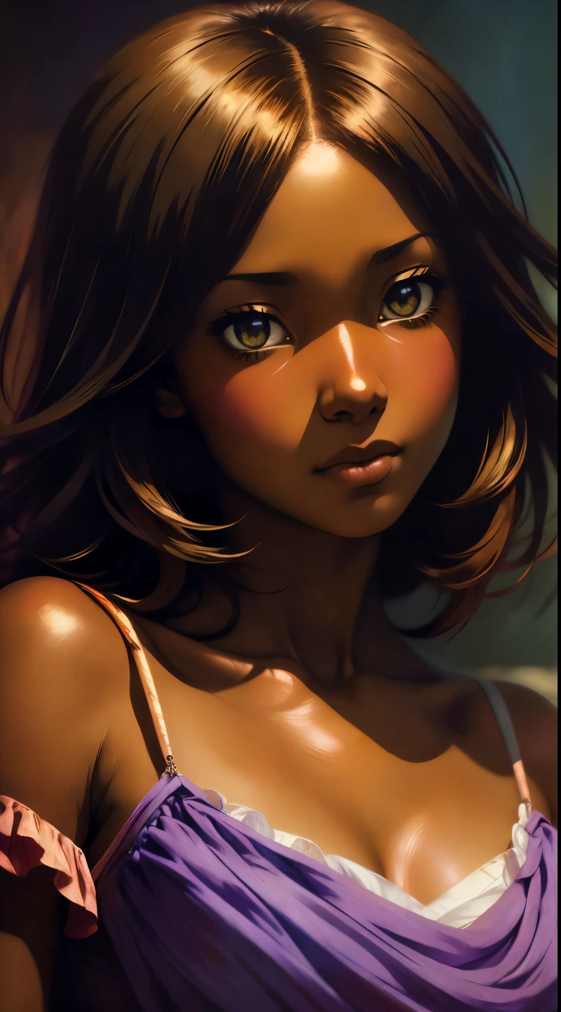 ((Solo Beautiful Carribean woman with dark skin and striking eyes)), shadowed interior background, art by akihiko yoshida, manga art style, colorfield illustration, scary atmosphere, global illumination, by frank frazetta, art by goro fujita, glamor shot, banner, blur, anime key visual, (blue, yellow and gray colors), photorealistic, dramatic, anime girl, ((african american features, ebony nose)) , intricately detailed, chiaroscuro, pino daeni, impressionist (best quality, masterpiece)