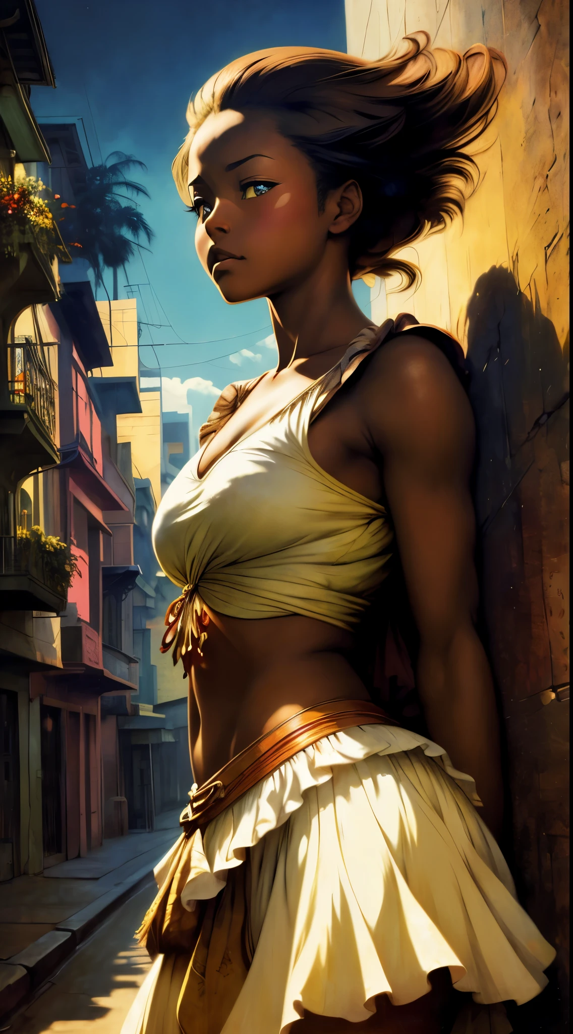 ((Solo Beautiful Carribean woman with dark skin and striking eyes)),  shadowed interior background, art by akihiko yoshida, manga art style, colorfield illustration, scary atmosphere, global illumination, by frank frazetta, art by goro fujita, glamor shot, banner, blur, anime key visual, (blue, yellow and gray colors), photorealistic,  dramatic, anime girl, ((african american features, ebony nose)) , intricately detailed, chiaroscuro, pino daeni, impressionist (best quality, masterpiece)