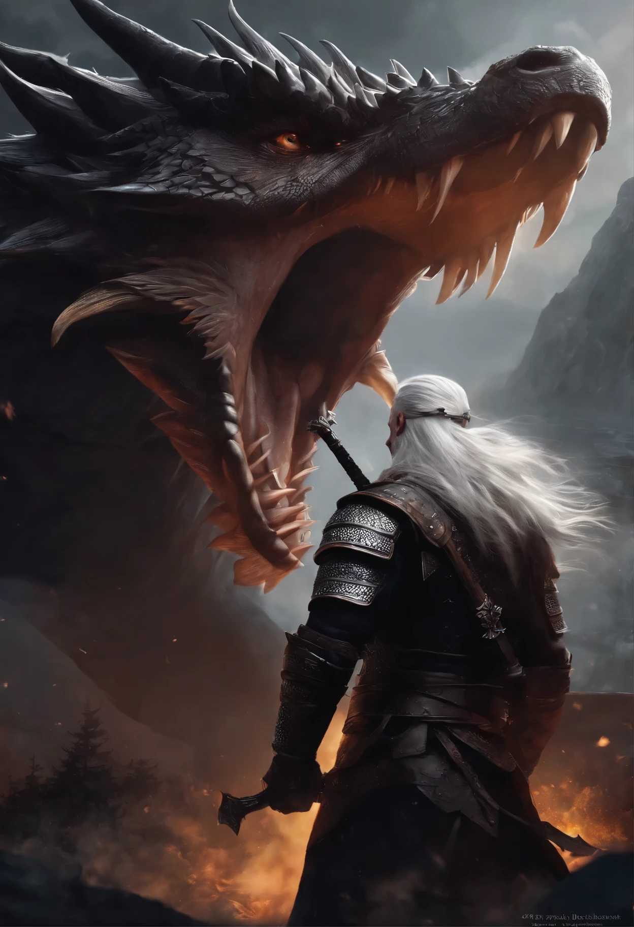 painting of a man with white hair and a dragon, Geralt (Disambiguation) of rivia, portrait of Geralt (Disambiguation) of rivia, Witcher)), epic fantasy style art, epic fantasy art style, the Witcher, Witcher, Geralt (Disambiguation), epic fantasy digital art style, the Witcher concept art, 4k fantasy art, epic fantasy character art, epic fantasy art portrait