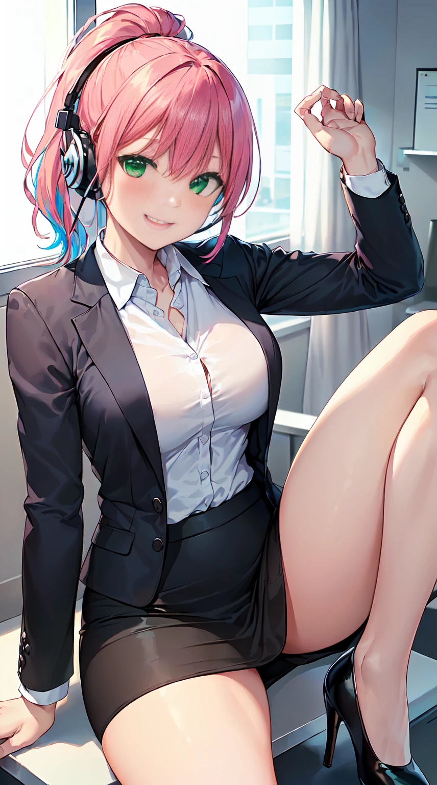 ​masterpiece, 1girl in ((20yr old, wearing a tight red business suit, Business suit jacket, Tight white shirt, tight knee length business skirt, high-heels, medium breasts, Multicolor pink hair, twin ponytail, Perfect model body, Green eyes:1.5, Flirting, Happy, Big smile, Wearing headphones, Looking at Viewer, Sitting in modern business office suite:1.2, There is a window in the background:1.Professional yet casual atmosphere:1.2)) ((Solo:1.6))