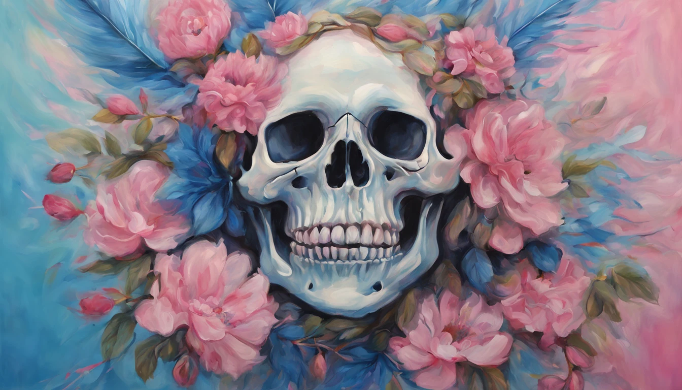 (Close-up of skull wearing pink flower headdress and blue painting),Artistically,Caricature,a whimsical illustration,pastel art,Rock art,Exaggeration, rolling waves,Cartoon,anime big breast,kawaii,Feather work, --AR 3:4 --V 5.2 - Style original - glass, oil painting