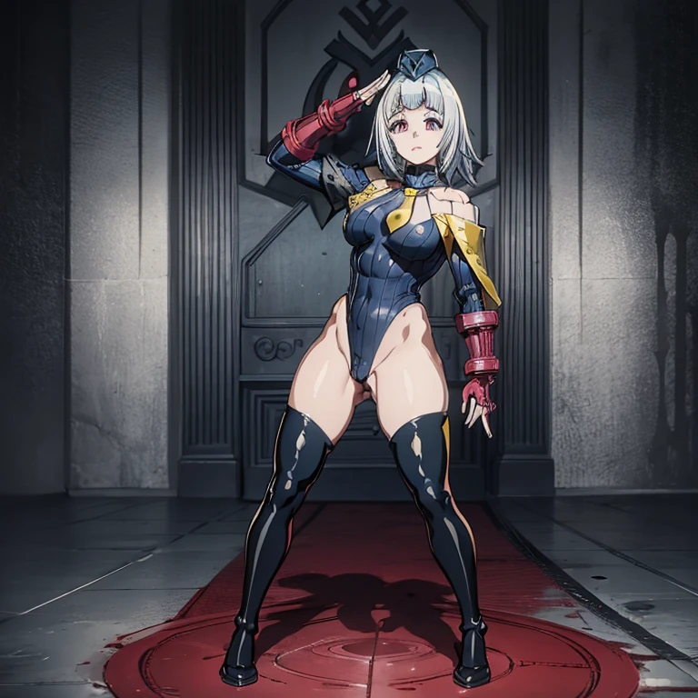 ultra-detailed, Explicit, Beautiful body, Beautiful Nose, Beautiful character design, perfect eyes, perfect face, ultra highres, 4K, beautiful legs, perfect legs, Nice hands, Perfect hand, Masterpiece, Best Quality, Highly detailed, illustration, absurdres, street fighter, doll suit, shadaloo doll, dollsuit, expressionless, blank eyes, looking at viewer, red gloves, emotionless, black latex, corrution, mind control, female combatant, full body, hypnotized, unhappy trance, full body suit, ribbed bodysuit, both arms at side, obey, perfect female body, extremely glossy latex, hypnosis, hypnoLora, empty eyes, Mind control device, poses, submissive_pose, Slave, hat, necktie, stand up straight, standing, standing at attention, hat, necktie, belt, latex, ribbed bodysuit, thighhighs, garter belt, Fighting Stance, extending the right arm from the shoulder into the air with a straightened hand, nazi saluting, military, military saluting, salute, thigh boots, 1girl, Artemasia/Ultimatia, Ragna Crimson, white hair, silver eyes, medium eyes, wing, feather, crown