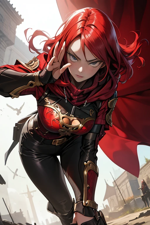 female assassin , Hunting, Medieval theme,  ((A MILF)), menacing look, Dynamic Poses, dynamic angled shot,From  above, From below,
(((masutepiece))),  ((Best Quality)), ((intricate-detail)), ((hyper realisitic)), sexy woman with assassin attribute cloth, Leather pants, corsets, hoody cloak (large full breasts), bracers, pauldrons, Perspective, Highly detailed, Illustration, 1 girl, Perfect hands, Detailed fingers, Beautiful detailed eyes, Long hair, red hetacy:1.2),  armor, Abstract background, nighttime scene ,fierce look, Looking at the viewer, From the front,
