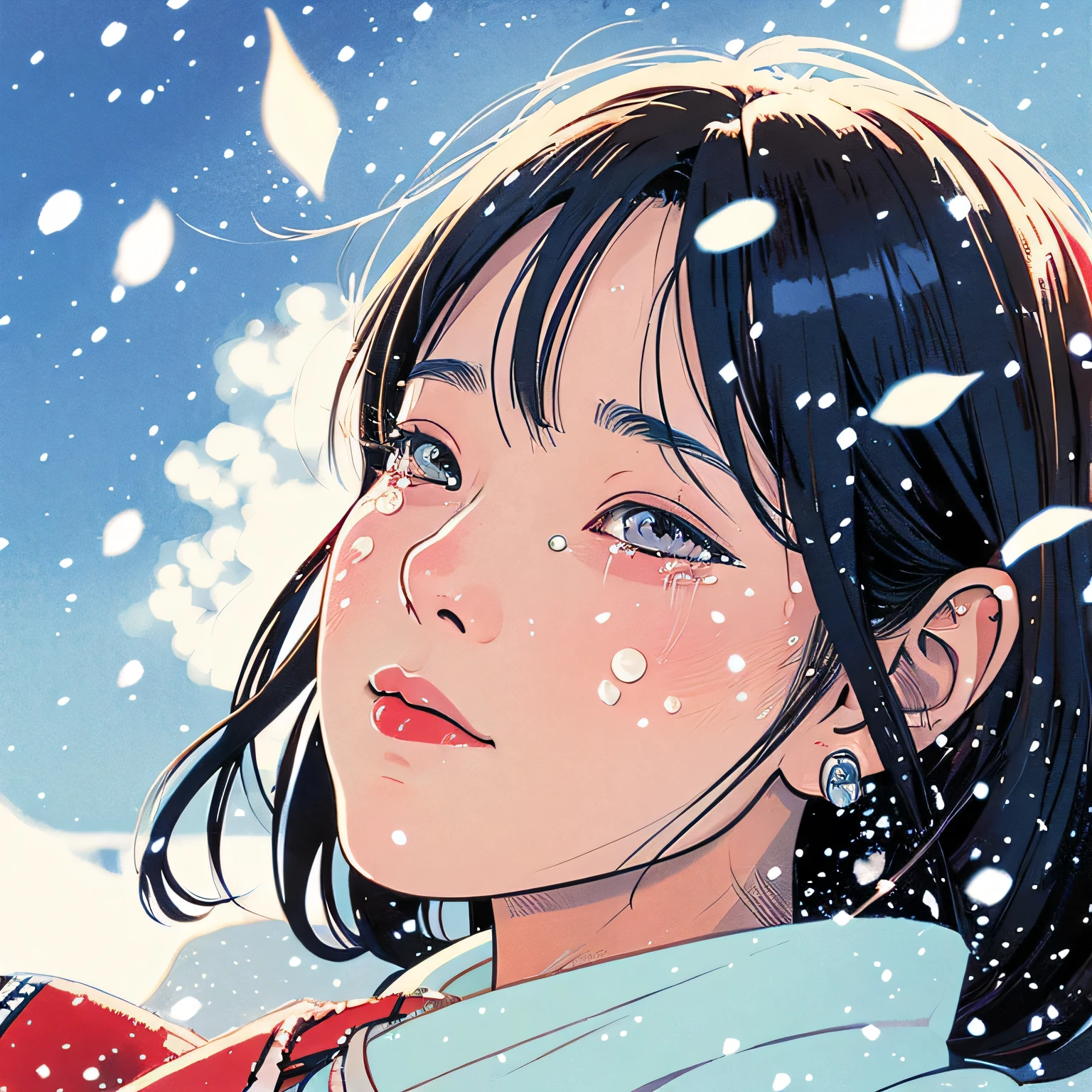 Illustration style、ukiyoe painting、Showa Anime、Woman、(Snow)、((Sensitive))、the morning sun、((Tears))