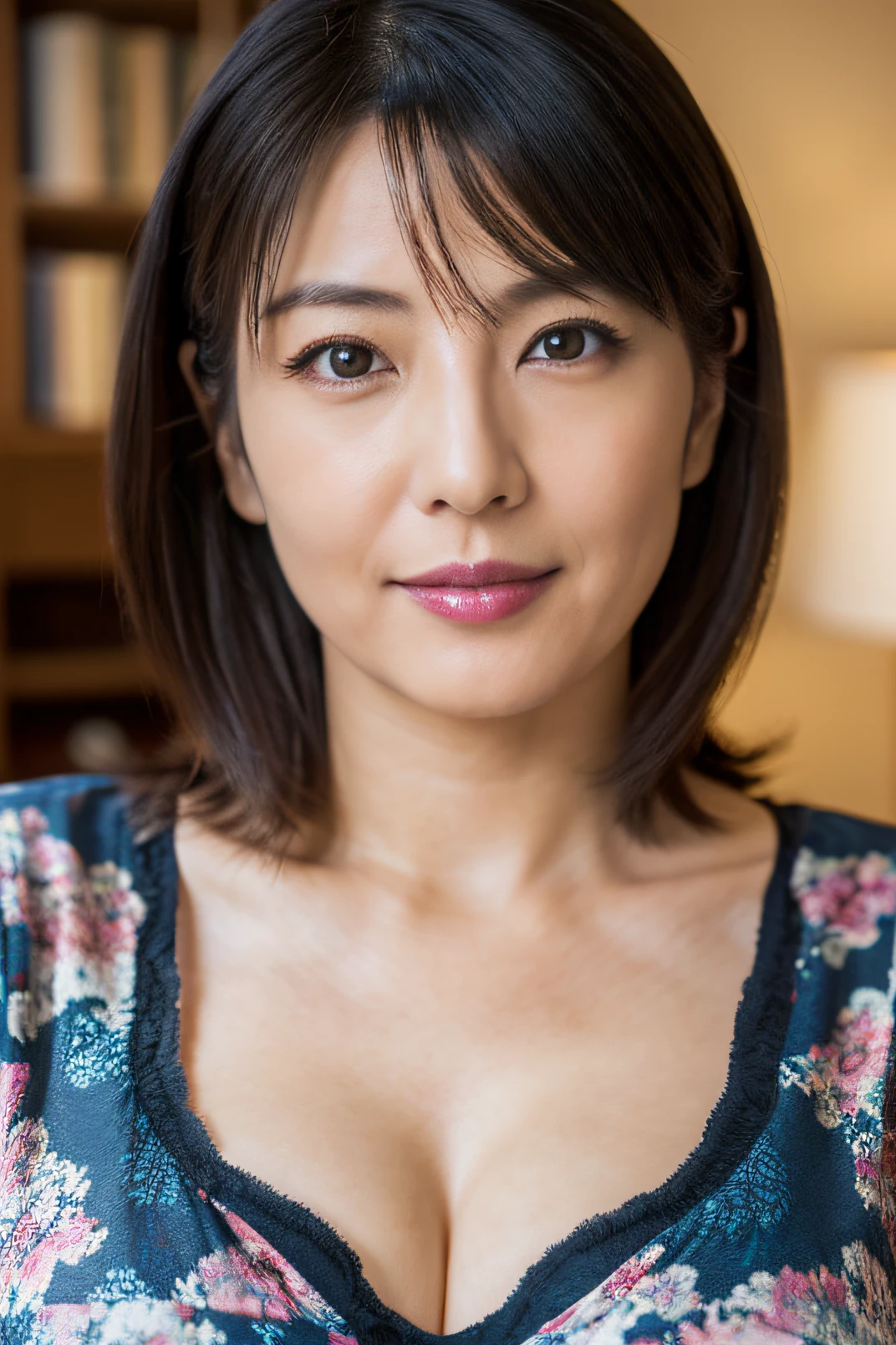 (top-quality,8K,​masterpiece),Japan model looking at camera with hand on chin,40 year old woman,（Yuko Takeuchi）、 Bewitching beauty,(A detailed eye,Detailed lips,Detailed nose,Detailed skin,lipgloss),Colossal tits,Emphasizes cleavage,Shot from the waist up,,Tempting,