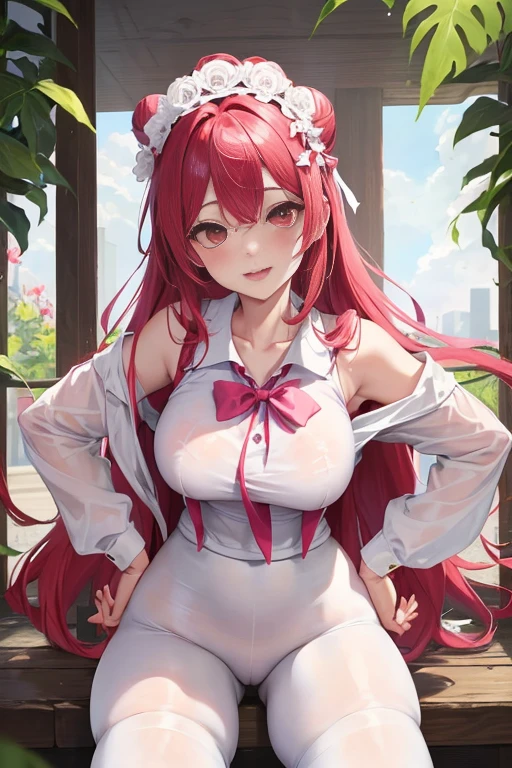 tmasterpiece、Need、1 female student、White cloth bun bun bun、Shoulder leakage、The chest is large、chubbiness、ssmile、White suspender tights、lace leggings、pale pink lip、posing at school，（drenched all over the body），legs are open， 独奏, White polo shirt, looking at viewert,  (Thigh thick:1.0),Yazawa Nico,red eyes, face flushed,Blunt hair,both hands on hip，greet，Flower headdress，Large scissors