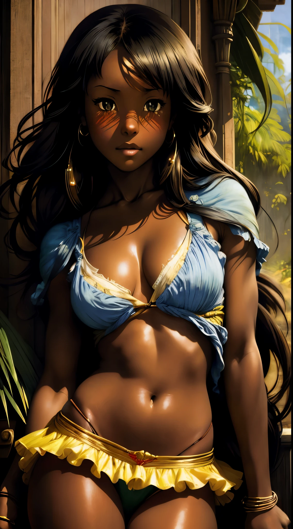 ((Solo Beautiful Carribean woman with dark skin and striking eyes)), shadowed interior background, art by akihiko yoshida, manga art style, colorfield illustration, scary atmosphere, global illumination, by frank frazetta, art by goro fujita, glamor shot, banner, blur, anime key visual, (blue, yellow and gray colors), photorealistic, dramatic, anime girl, ((african american features, ebony nose)) , black hair, intricately detailed, chiaroscuro, pino daeni, impressionist (best quality, masterpiece)