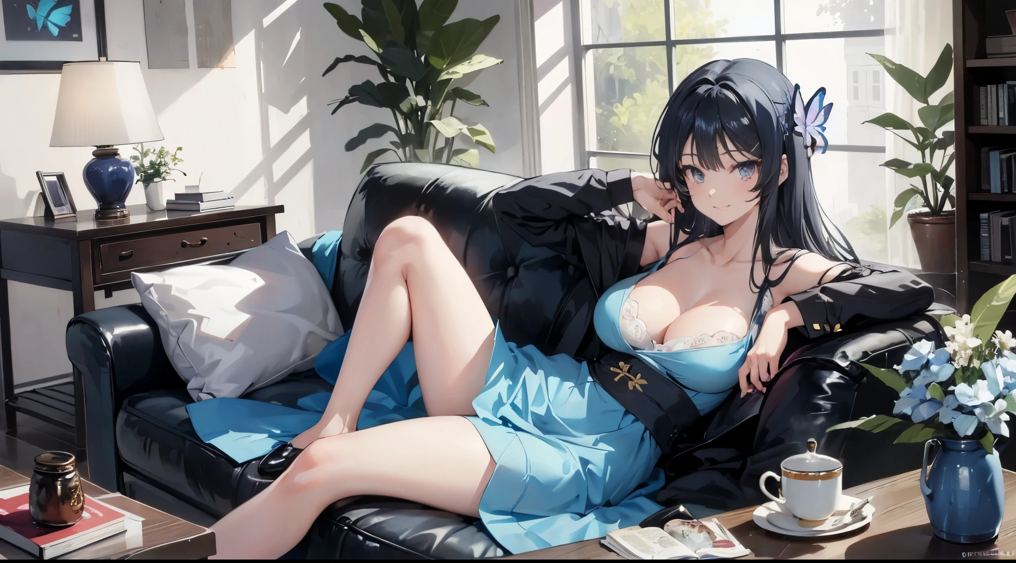 Mai sakurajima, hair flower, blue dress, grey eyes, light blue hair,large breasts, sexy,nsfw,
, 1 girl,seductive smile,(1 girl in the photo:1.5),(alone:1.5),(long black hair:1.1), beautiful purple eyes, (european style long dress:1.1), long sleeves,white legwear,white high heels
, potted planet,flowers, window,door,butterfly,tree,table,chair,sofa,book,tea, coffee,jar,
, dappled sunlight,ray tracing,dynamic angle, dynamic pose, chubby athletic body