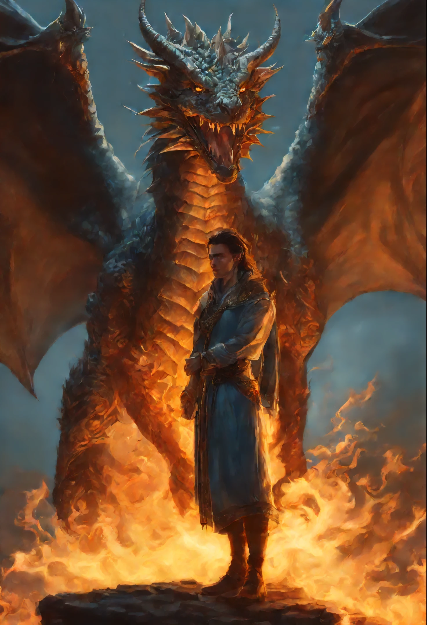 close-up of a woman with brown curls and green eyes wearing a light blue nightie, standing face to face with a copper-gray huge majestic dragon and a scorching fire demon , epic fantasy art style, dark fantasy style art, portrait of fin wildcloak, detailed fanart, fantasy portrait, artistic portrait in epic fantasy style, graphic artist magali villeneuve, male portrait in fantasy style, The Man with the Soul of a Dragon, epic fantasy style art, epic fantasy digital art style