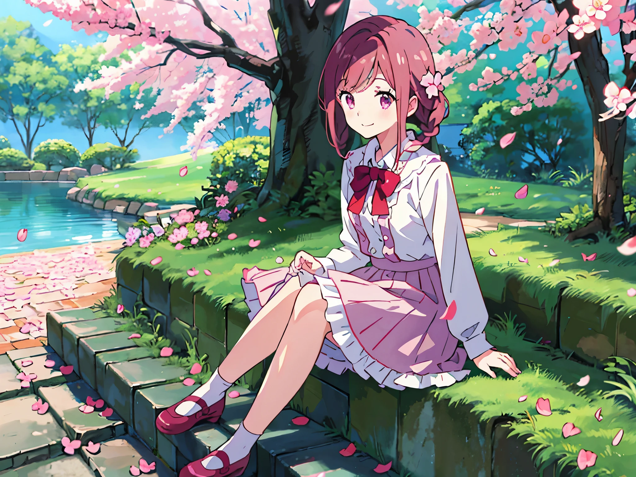 1 skinny girl，Alone，peach blossom，falling flower petals，Anime manga girl, pixiv, loli in dress, anime change, cute anime, cute anime girl, Curvy little loli, Anime visuals of a cute girl, cute anime, Anime cute art style, cute anime style，extremely detremely detailed CG，8k wallpaper，ar old，tthin eyebrows，ssmile，with pink hair，Tie twisted braids behind ears，Qi bangs，ssmile，Sit on the stone steps，Sakura NS，Mary Jane shoes，long  skirt，(whitestocking)