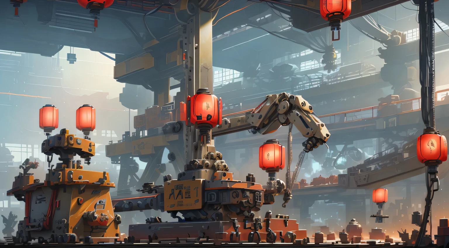 (There are three robotic arms on the mechanical workbench:1.5), (The background is a mechanical technology factory:1.5), (conveyor:1.3), tmasterpiece, future-tech, (The ceiling is covered with red lanterns),(The wall is covered with Spring Festival couplets), Celebrate the holidays, New Year environment, with unparalleled tmasterpiece, Perfect artwork, super detailing, Best quality at best, tmasterpiece 4K wallpaper aesthetics, tmasterpiece, winning artwork, offcial art
