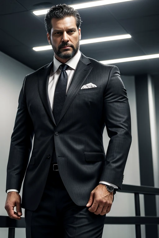 a CEO, handsome, wealthy man, realistic photo, intimidating, overweight CEO in a business suit, abdomen hanging over his belt, powerful, middle aged, black and grey curly hair that is styled back, thick stomsch, rich, tall, broad shoulders, abdomen hanging over belt, circle beard, heavy build, serious look, intimidating, evil, scary, thick, dominating, darkness, alpha, standing, realism, realistic, full 4k