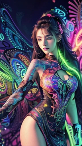 (masterpiece, top quality, best quality, official art, beautiful and aesthetic:1.2), (1girl:1.3), extremely detailed,(fractal art:1.2),colorful,highest detailed,( zentangle neon:1.2), (dynamic pose), (abstract background neon:1.5), (treditional dress:1.2), (shiny skin), (many colors:1.4), upper body ,Neon,16K,Full HD