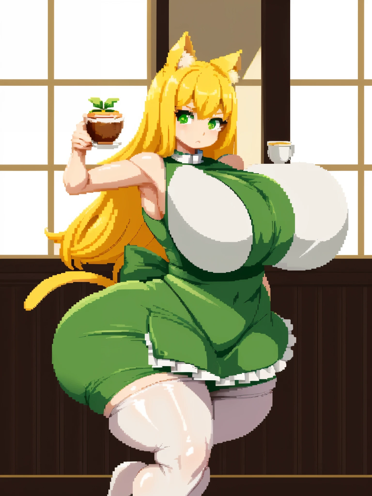 ​masterpiece,top-quality, high resolution,anime, beautiful woman, cowboy shot,tall, detailed figure, dynamic lighting,1girl, (worried, looking at viewer, yellow hair,cat ears, green eyes,green apron,skirt ,cafe, pantyhose), hyper breasts, gigantic breasts, hyper thighs, Venusbody, (plump)