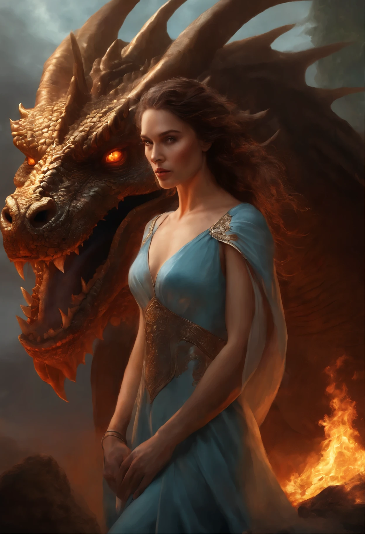 close-up of a woman with brown curls and green eyes wearing a light blue nightie, standing face to face with a copper-gray huge majestic dragon and a scorching fire demon , epic fantasy art style, dark fantasy style art, portrait of fin wildcloak, detailed fanart, fantasy portrait, artistic portrait in epic fantasy style, graphic artist magali villeneuve, male portrait in fantasy style, The Man with the Soul of a Dragon, epic fantasy style art, epic fantasy digital art style