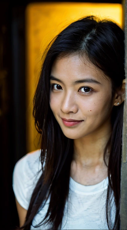 highest quality, epic realistic, ((in the pitch black darkness :1.4)), ((portrait:1.5)),(background: dark ) high contrast ,glorious picture, lowest lux, lighting face, she's comfortable, wearing nothing, , looks incredible, (8k, Raw photo, Highest quality),(epic realistic:1.5), a woman, face,(detailed eyes:0.8),(looking at the camera:1.4), (Highest quality), ( high contrast, deep shadows),Intricate details,cinematic,((skin:1.4)), (long dark hair:1.3), long hair, messy ,(Hdr:1.5),Detailed, colors, Superior quality, Masterpiece, Raw Photo (20-year-old, looking at viewer), beautiful, (wearing plain yellow shirt,), perfect, natural, perfect composition, portrait, perfect face, smiling expression, Captivating eyes, Bright details, Tight lips, (High Skin Detail),, (blue tint: 0.6), (sale: 0.8), (bloody: 0.7), Key lighting , (backlight: 0.5), Medium depth of field, Canon 5d, 50mm lens, f/4 apertures, (Ultra-detailed, Complex detail), sharp focus, soft colors, 8k, Absurd, 80mm, dark background, photography, smiling, pinay, filipina, medium boobs,