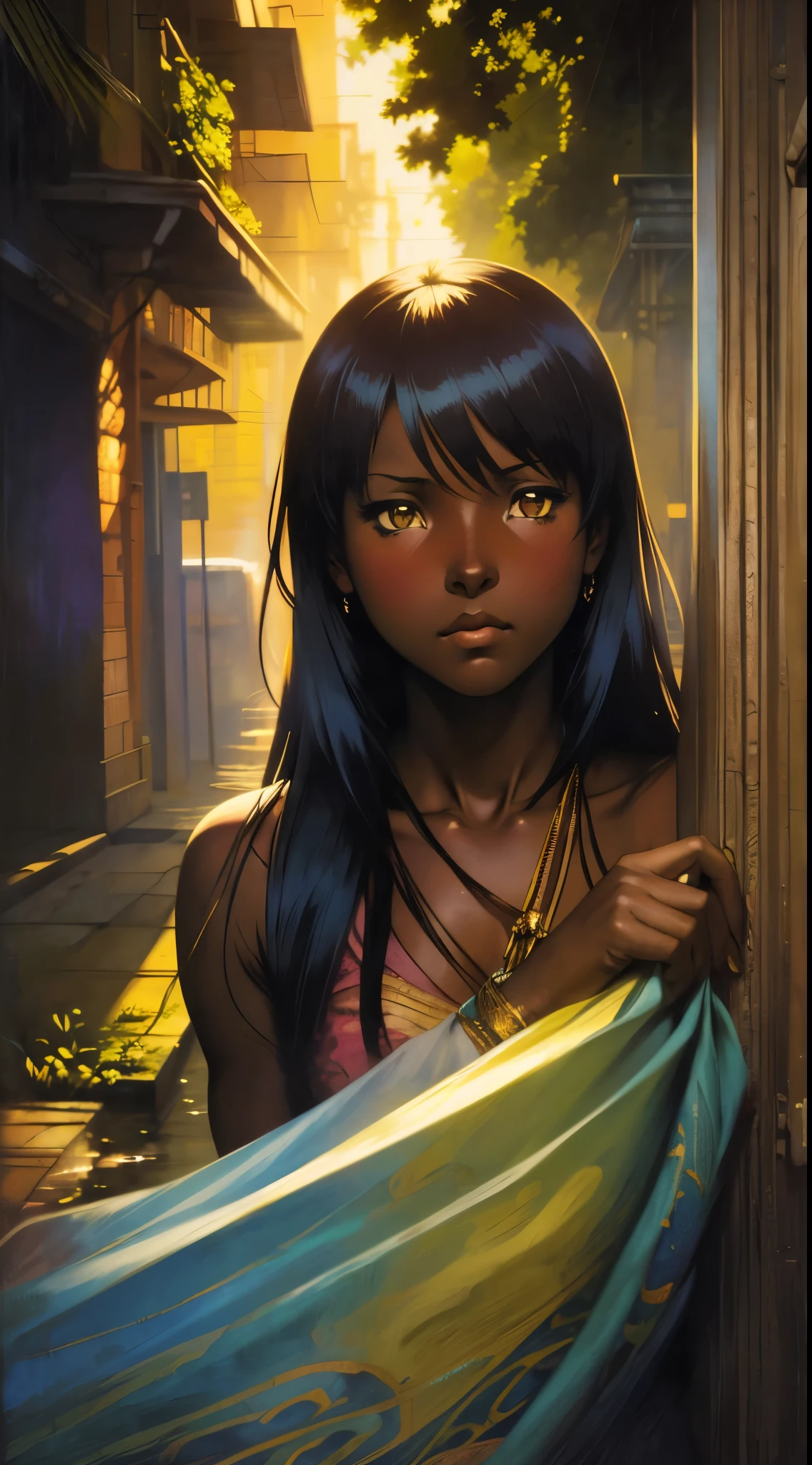 ((Solo Beautiful Carribean woman with dark skin and striking eyes)),  shadowed interior background, art by akihiko yoshida, manga art style, colorfield illustration, scary atmosphere, global illumination, by frank frazetta, art by goro fujita, glamor shot, banner, blur, anime key visual, (blue, yellow and gray colors), photorealistic,  dramatic, anime girl, ((african american features, ebony nose)) , black hair, intricately detailed, chiaroscuro, pino daeni, impressionist (best quality, masterpiece)