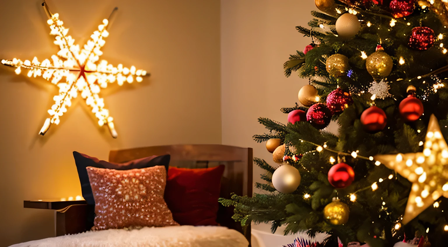 "Ornately decorated, Realistic Christmas Tree, Sparkles with a variety of colorful decorations, Twinkling lights, And above it is a bright star, Place it in a comfortable location, Warm background."