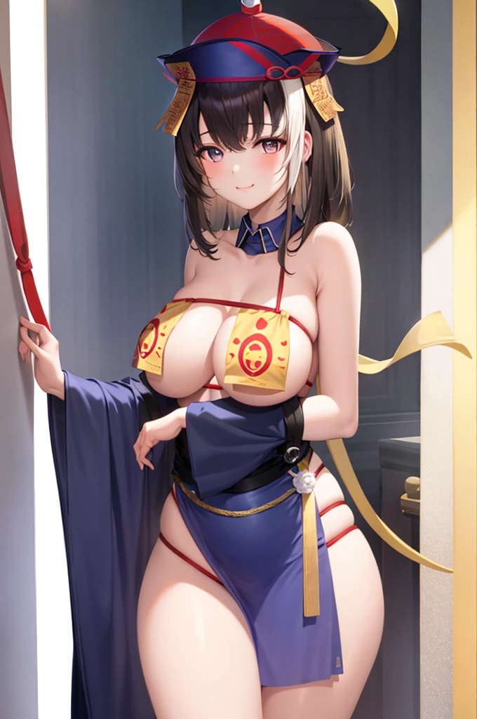 masterpiece,1girl in,独奏,A dark-haired,lower boobs,,light_smile,Ofuda,White string bikini,arms folded,blonde hair、Twin-tailed、Blue eyelids、panties on,Perfectly beautiful arms、Perfectly beautiful legs、