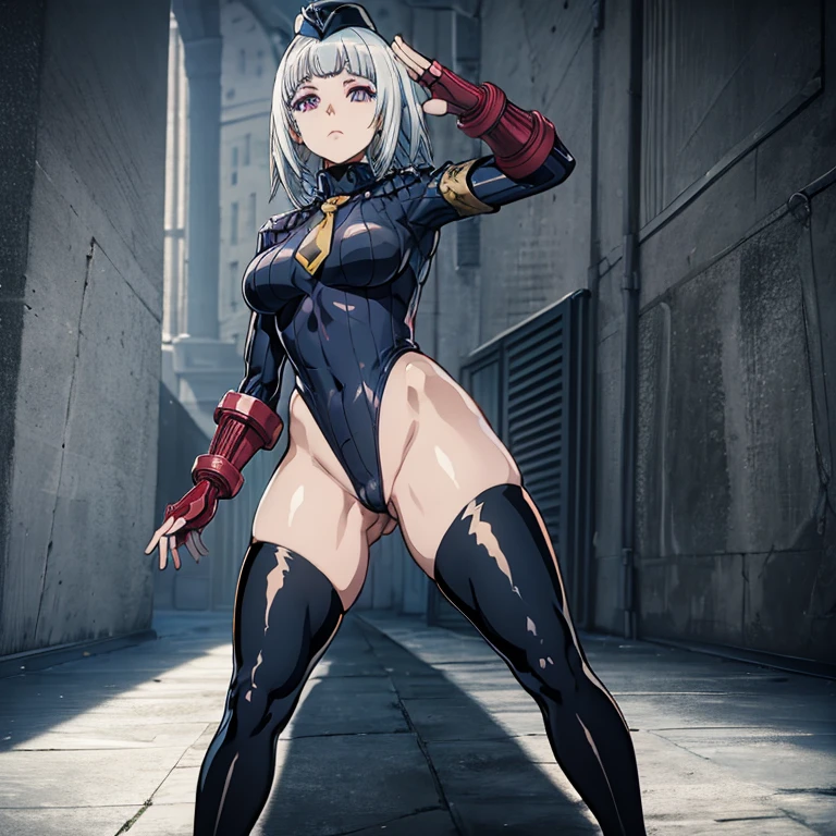 ultra-detailed, Explicit, Beautiful body, Beautiful Nose, Beautiful character design, perfect eyes, perfect face, ultra highres, 4K, beautiful legs, perfect legs, Nice hands, Perfect hand, Masterpiece, Best Quality, Highly detailed, illustration, absurdres, street fighter, doll suit, shadaloo doll, dollsuit, expressionless, blank eyes, looking at viewer, red gloves, emotionless, black latex, corrution, mind control, female combatant, full body, hypnotized, unhappy trance, full body suit, ribbed bodysuit, both arms at side, obey, perfect female body, extremely glossy latex, hypnosis, hypnoLora, empty eyes, Mind control device, poses, submissive_pose, Slave, hat, necktie, stand up straight, standing, standing at attention, hat, necktie, belt, latex, ribbed bodysuit, thighhighs, garter belt, Fighting Stance, extending the right arm from the shoulder into the air with a straightened hand, nazi saluting, military, military saluting, salute, thigh boots, 1girl, Artemasia/Ultimatia, Ragna Crimson, white hair, silver eyes, medium eyes, wing, feather, crown