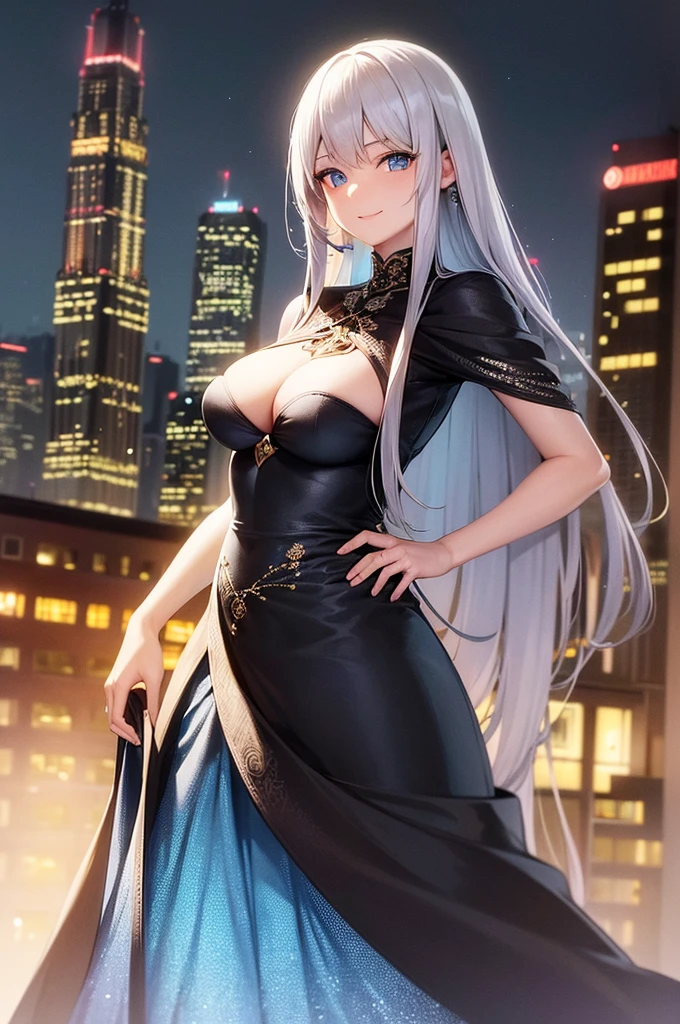 (8K), (Best Quality), (masutepiece:1.3), (Realistic), (photoRealistic:1.36), Ultra-detailed,1 beautiful girl, Silver hair, long hair, blue eyes, smile, dress, Full Body Shot, night city, fantasy