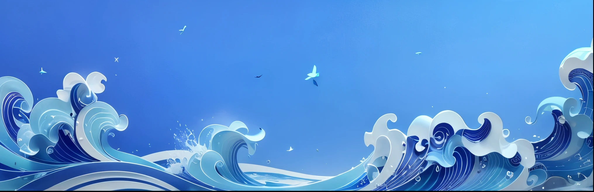 art blends into the sea, the sea holds up fine art,simple, atmospheric, high-grade, heavy design, artist, Fujiwara Hiroshi, fashion, blue,waves, no humans, cloud, water, sky, artist name, blue sky, ocean, day, sparkle, splashing, outdoors,Origami, 3D