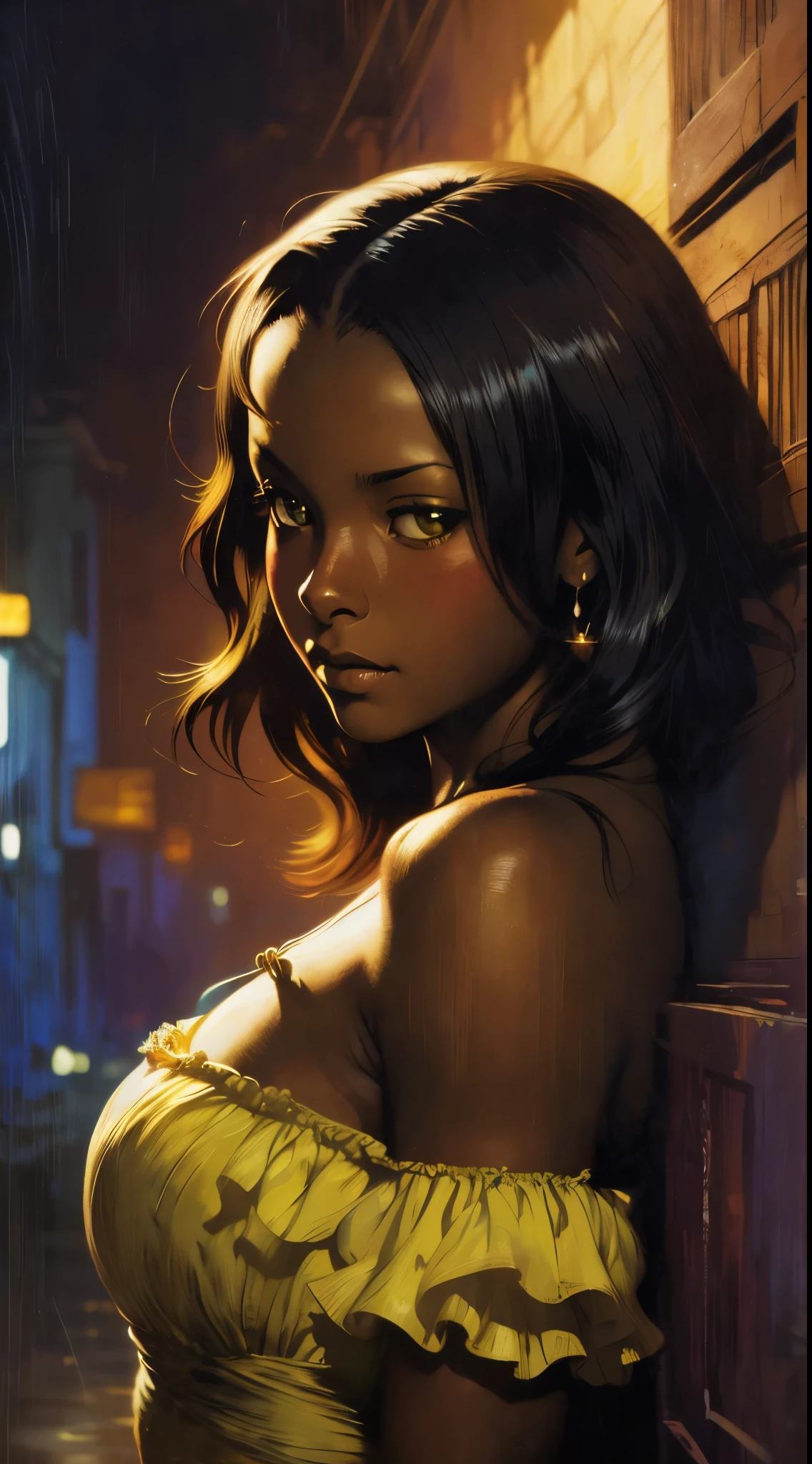 ((Solo Beautiful Carribean woman with dark skin and striking eyes)),  shadowed interior background, art by akihiko yoshida, manga art style, colorfield illustration, scary atmosphere, global illumination, by frank frazetta, art by goro fujita, glamor shot, banner, blur, anime key visual, (blue, yellow and gray colors), photorealistic,  dramatic, anime girl, ((african american features, ebony nose)) , black hair, intricately detailed, chiaroscuro, pino daeni, impressionist (best quality, masterpiece)