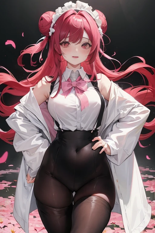 tmasterpiece、Need、1 female student、White cloth bun bun bun、Shoulder leakage、The chest is large、chubbiness、ssmile、Black suspender tights、lace leggings、pale pink lip、posing at school,(drenched all over the body),legs are open, 独奏, White polo shirt, looking at viewert, (Thigh thick:1.0),Yazawa Nico,red eyes, face flushed,Blunt hair,both hands on hip,greet,Flower headdress,Large scissors