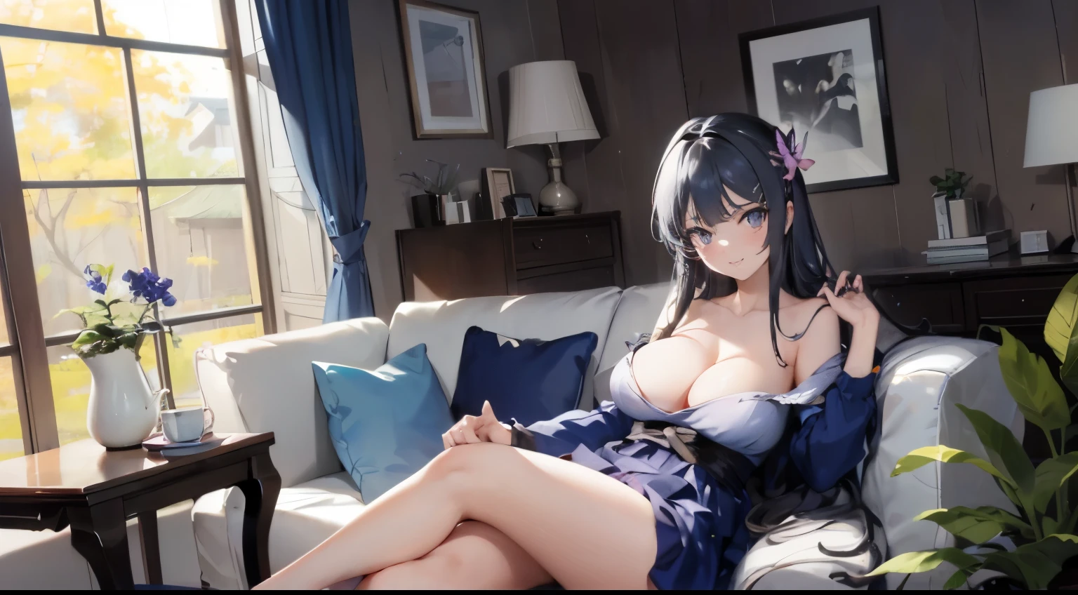 Mai sakurajima, hair flower, blue dress, grey eyes, light blue hair,large breasts, sexy,nsfw,
, 1 girl,seductive smile,(1 girl in the photo:1.5),(alone:1.5),(long black hair:1.1), beautiful purple eyes, (european style long dress:1.1), long sleeves,white legwear,white high heels
, potted planet,flowers, window,door,butterfly,tree,table,chair,sofa,book,tea, coffee,jar,
, dappled sunlight,ray tracing,dynamic angle, dynamic pose, chubby athletic body, purple colour eyes