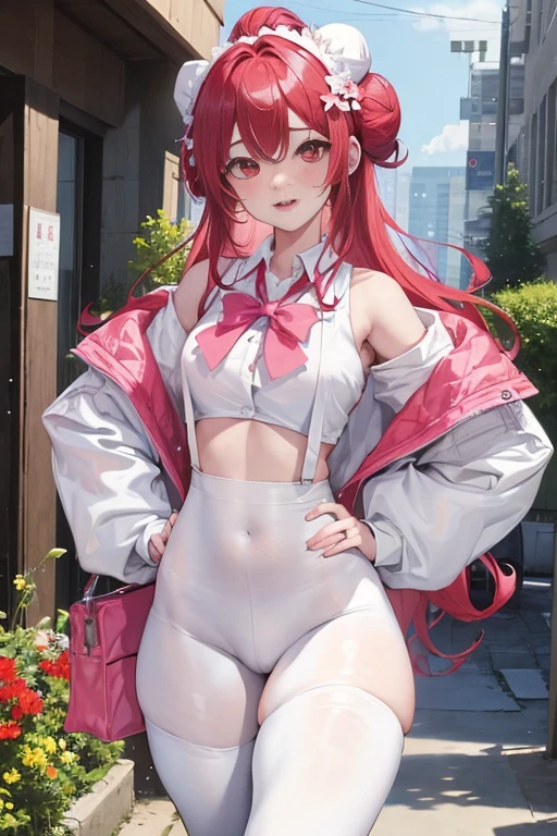 tmasterpiece、Need、1 female student、White cloth bun bun bun、Shoulder leakage、The chest is large、chubbiness、ssmile、White suspender tights、lace leggings、pale pink lip、posing at school,(drenched all over the body),legs are open, 独奏, White polo shirt, looking at viewert, (Thigh thick:1.0),Yazawa Nico,red eyes, face flushed,Blunt hair,both hands on hip,greet,Flower headdress,Large scissors