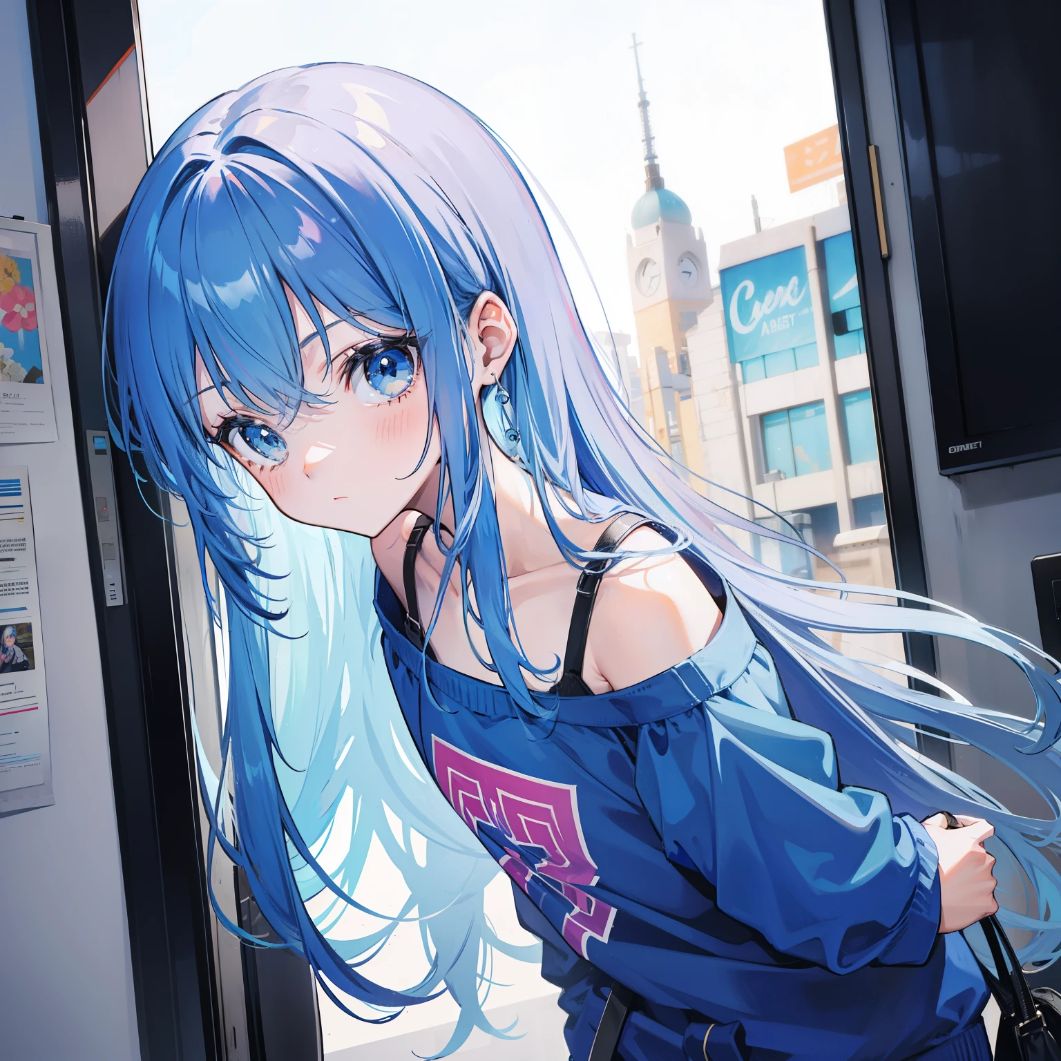 Long fleshy blue hair,Loose and sweatshirt,It looks small and cute