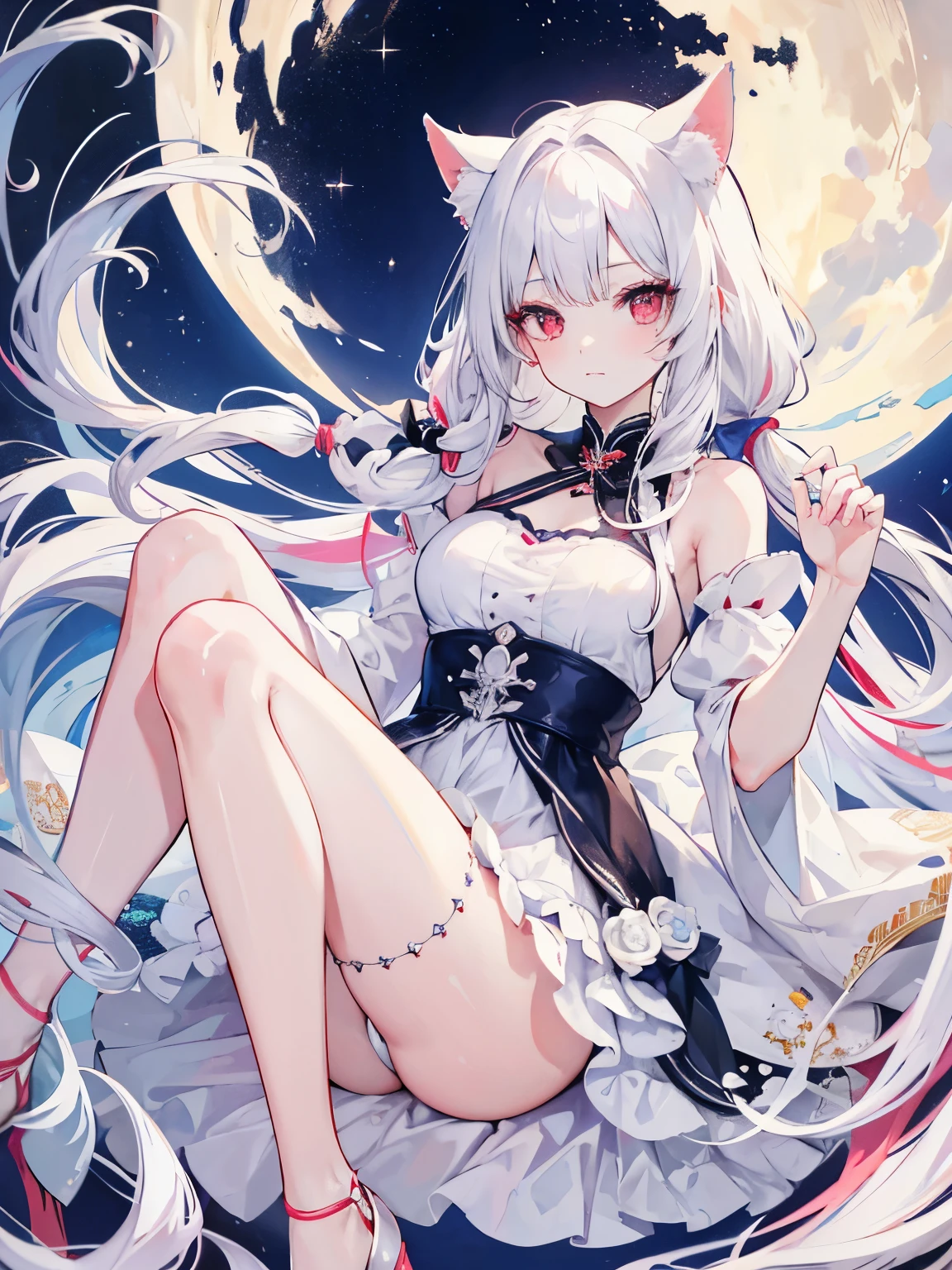 masterpiece, Highest quality, beautiful, high resolution, perfect anatomy, top-quality、 8K、 red eyes, white hair, long hair, Hairstyle with a tuft of braids hanging down from around the bangs on one side, White cat ears, White cat tail, a beauty girl、 Nice、 Beautiful hair、 Beautiful eyes、 Beautiful skin、Beautiful legs、Beautiful arms、Perfect fingers、 Very cute、 Very kawaii、